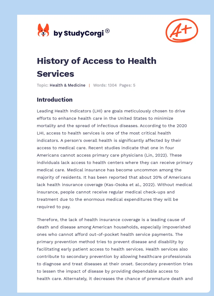 History of Access to Health Services. Page 1