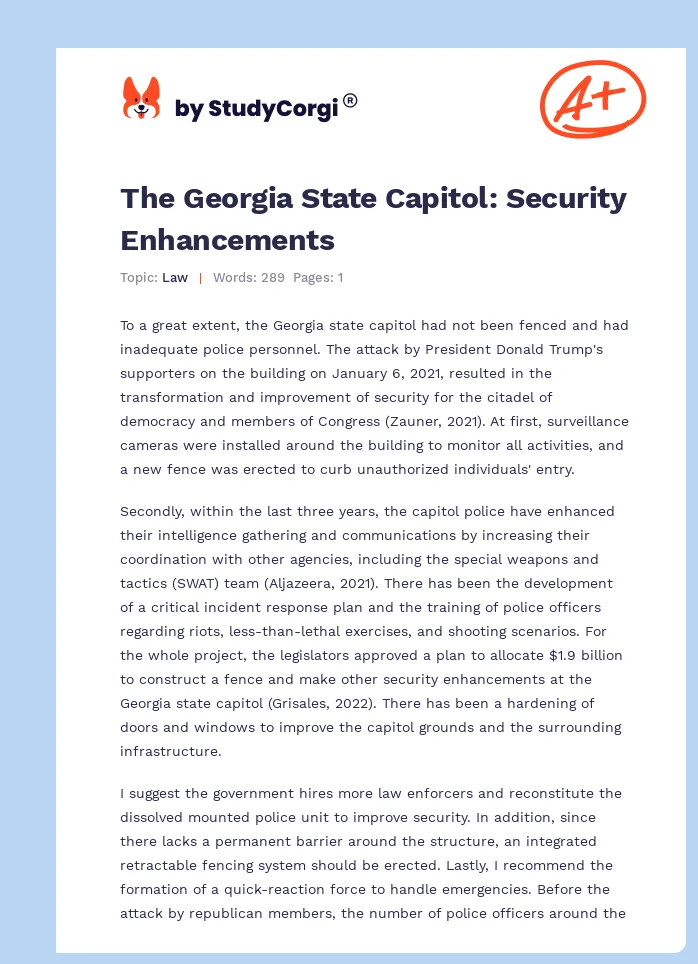 The Georgia State Capitol: Security Enhancements. Page 1