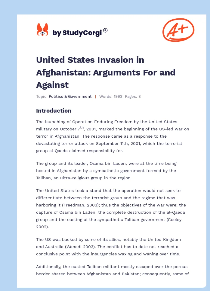 United States Invasion in Afghanistan: Arguments For and Against. Page 1