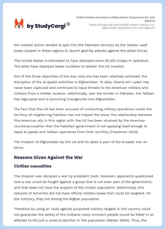 United States Invasion in Afghanistan: Arguments For and Against. Page 2