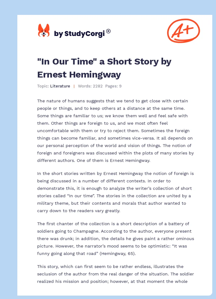 "In Our Time" a Short Story by Ernest Hemingway. Page 1