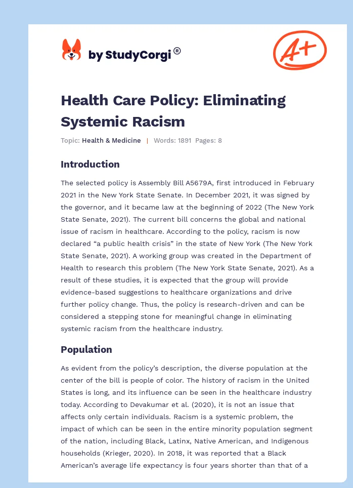 Health Care Policy: Eliminating Systemic Racism. Page 1