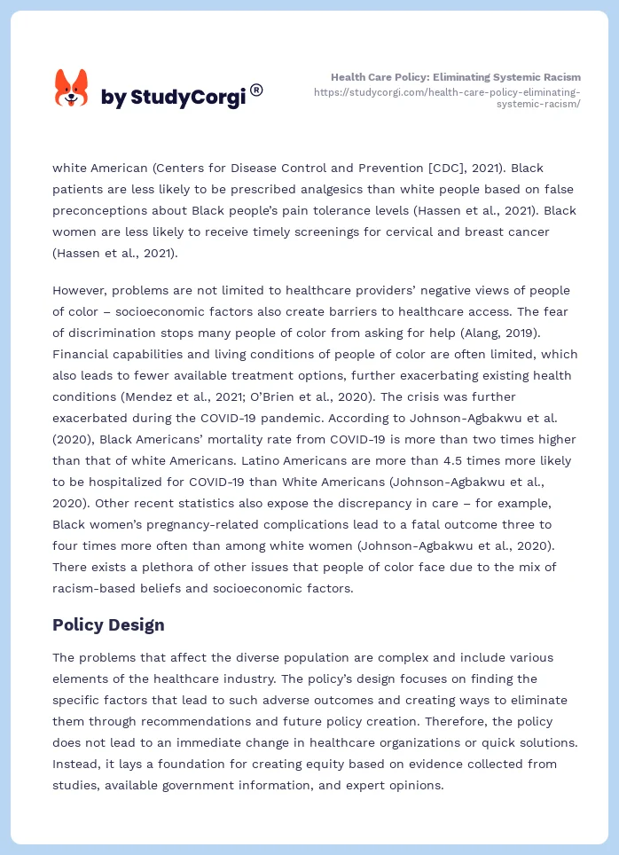 Health Care Policy: Eliminating Systemic Racism. Page 2