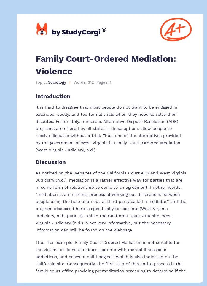 Family Court-Ordered Mediation: Violence. Page 1