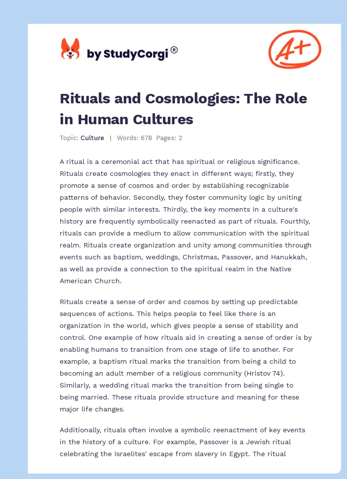 Rituals and Cosmologies: The Role in Human Cultures. Page 1