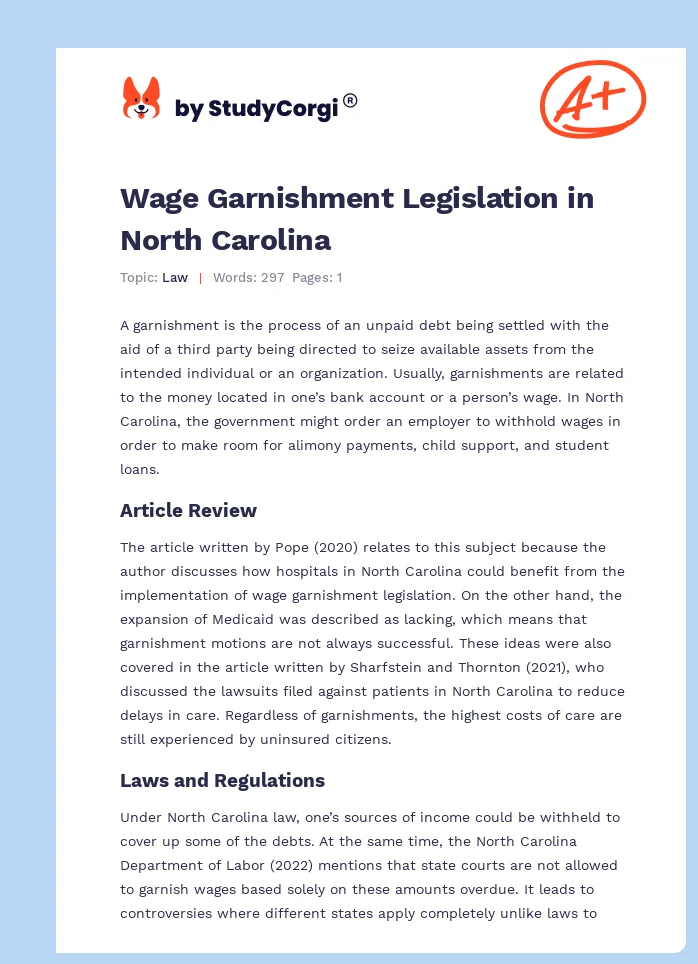 Wage Garnishment Legislation in North Carolina. Page 1