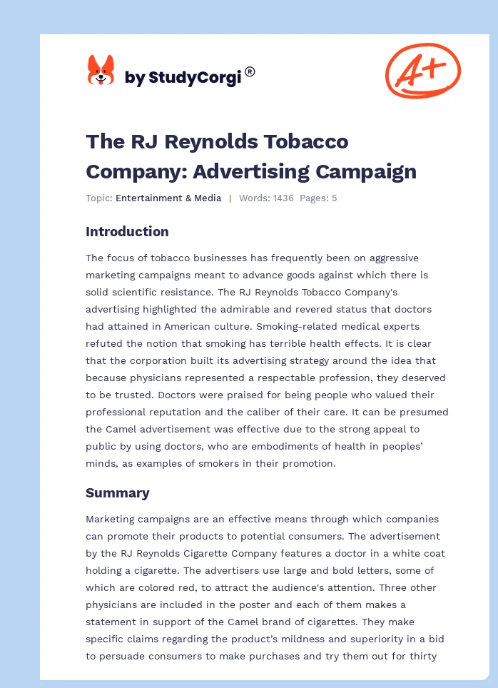 The RJ Reynolds Tobacco Company: Advertising Campaign. Page 1