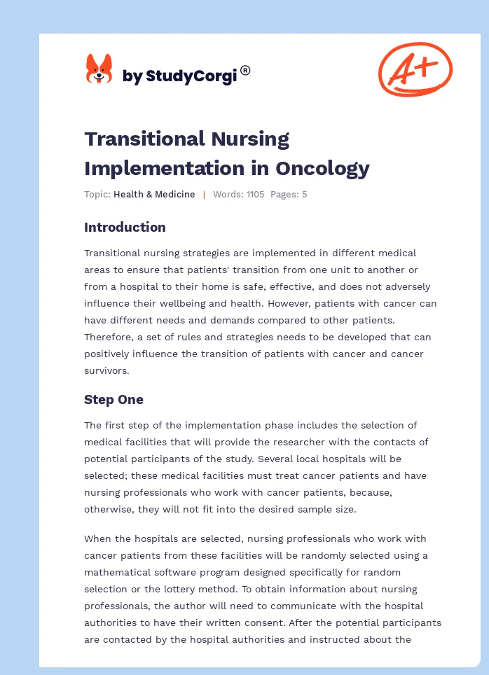 Transitional Nursing Implementation in Oncology. Page 1