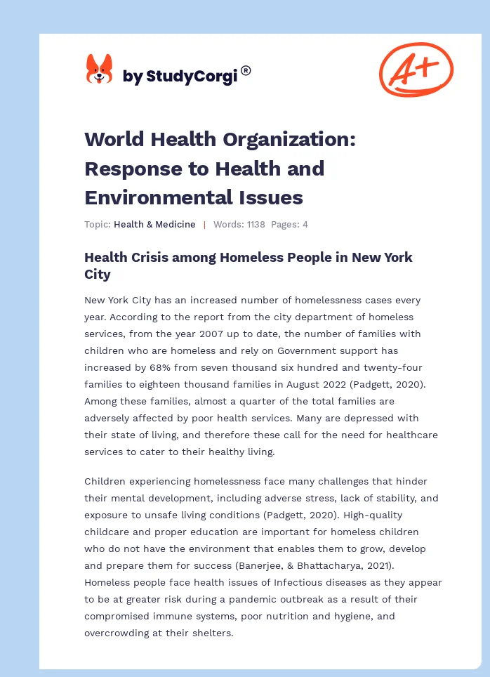 World Health Organization: Response to Health and Environmental Issues. Page 1