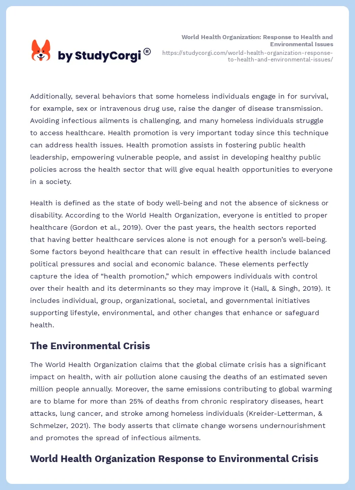World Health Organization: Response to Health and Environmental Issues. Page 2