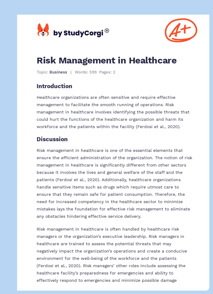 Risk Management in Healthcare. Page 1