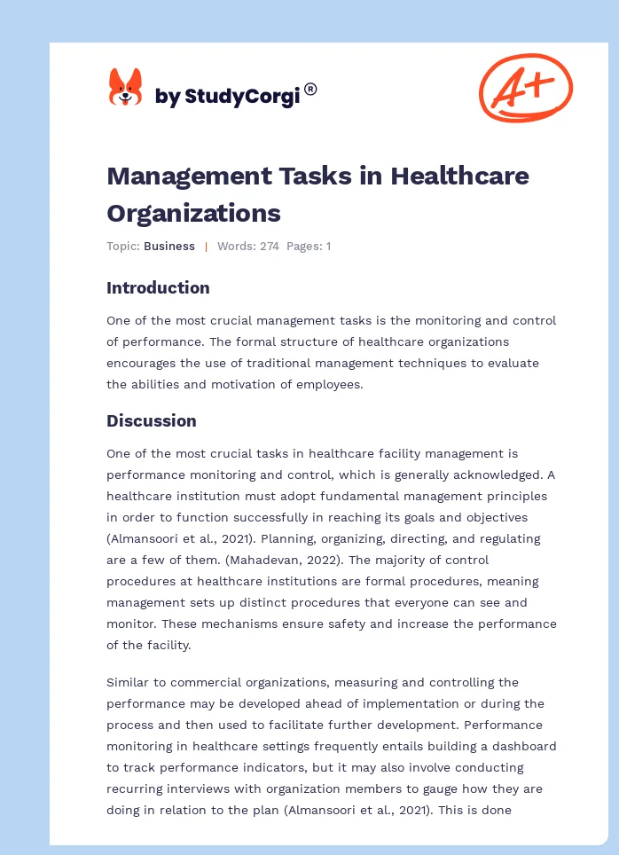 Management Tasks in Healthcare Organizations. Page 1