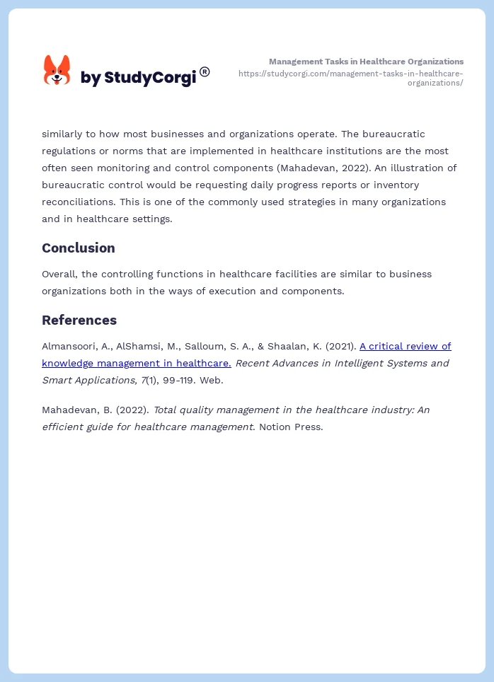 Management Tasks in Healthcare Organizations. Page 2