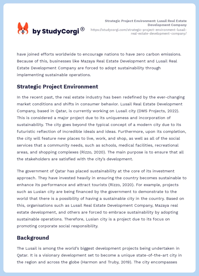 Strategic Project Environment: Lusail Real Estate Development Company. Page 2