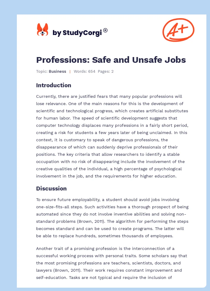 Professions: Safe and Unsafe Jobs. Page 1