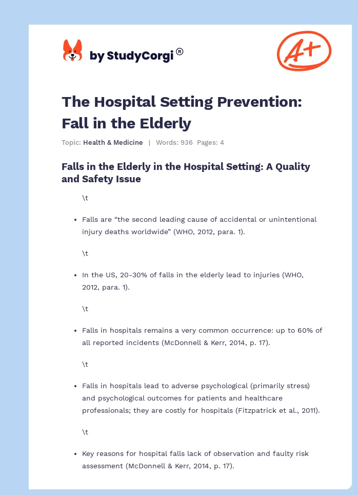 The Hospital Setting Prevention: Fall in the Elderly. Page 1