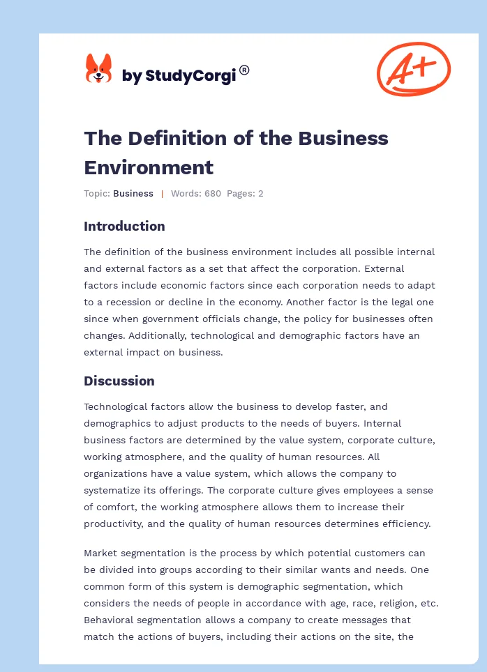 The Definition of the Business Environment. Page 1