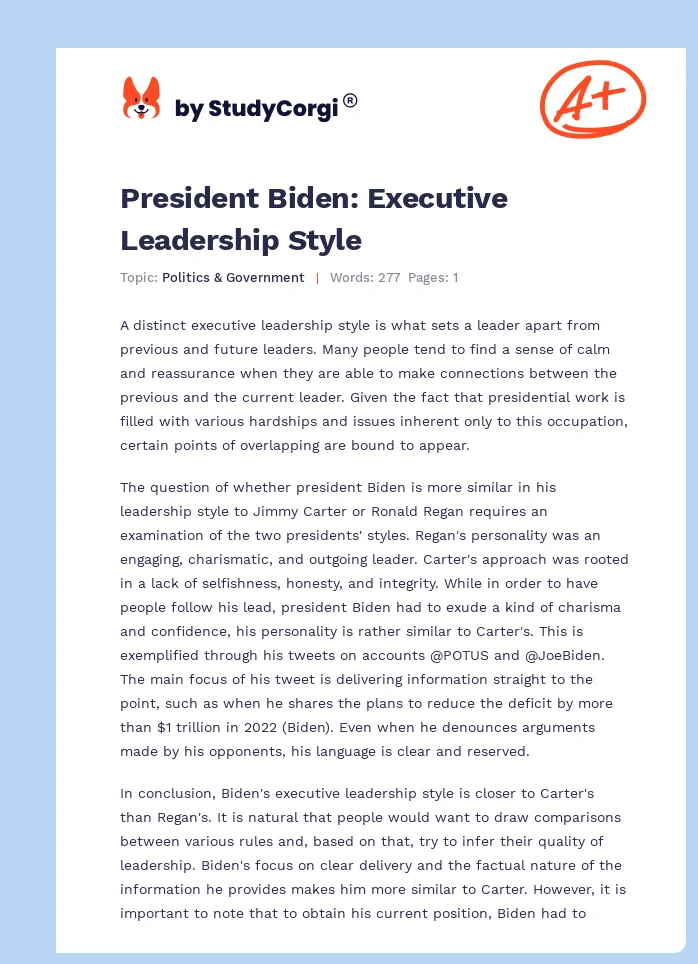 President Biden: Executive Leadership Style. Page 1