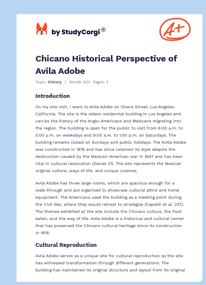 Chicano Historical Perspective of Avila Adobe. Page 1
