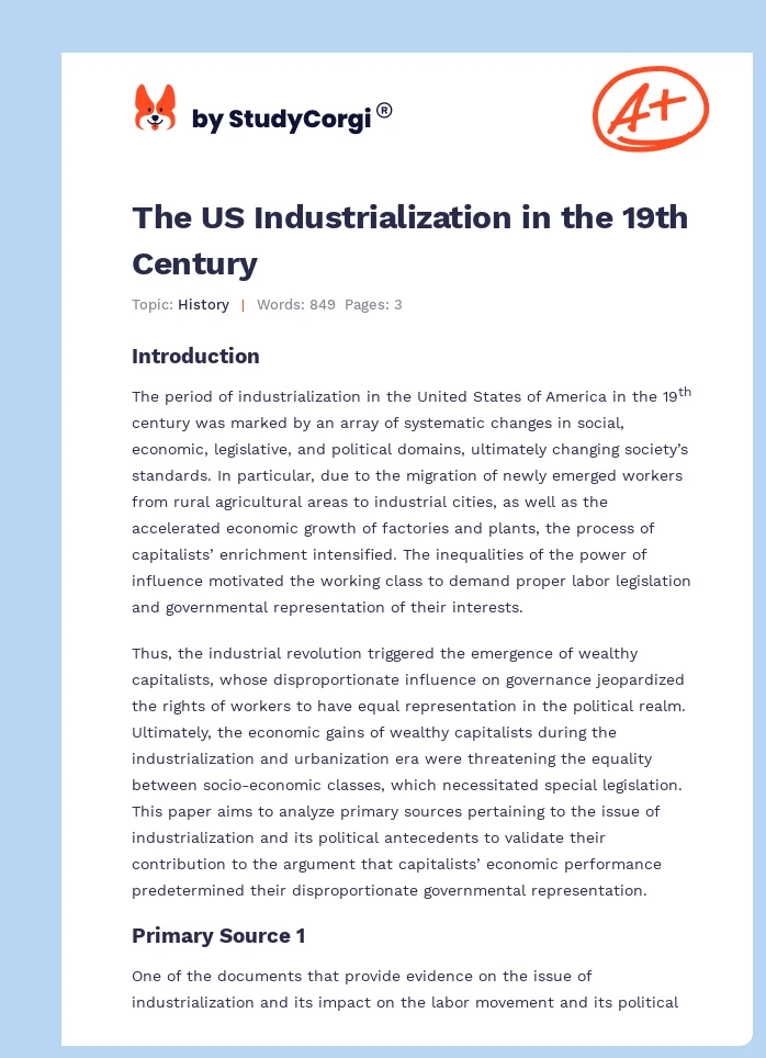 The US Industrialization in the 19th Century. Page 1