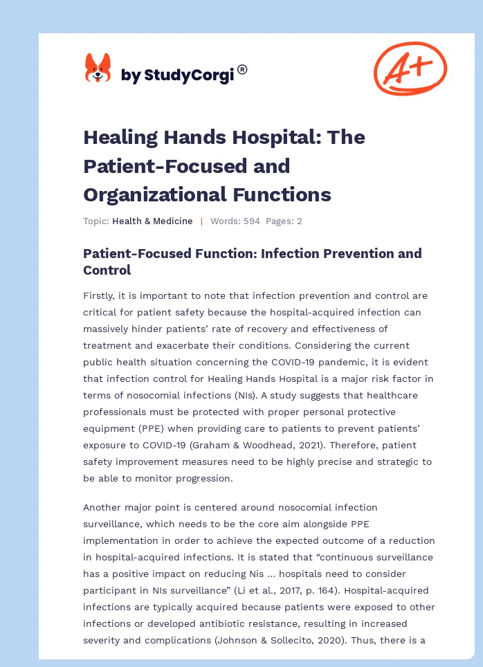 Healing Hands Hospital: The Patient-Focused and Organizational Functions. Page 1