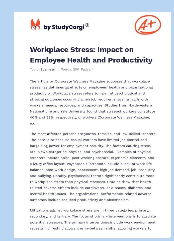Workplace Stress: Impact on Employee Health and Productivity. Page 1