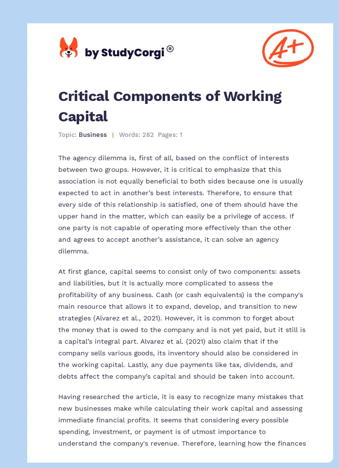 Critical Components of Working Capital. Page 1