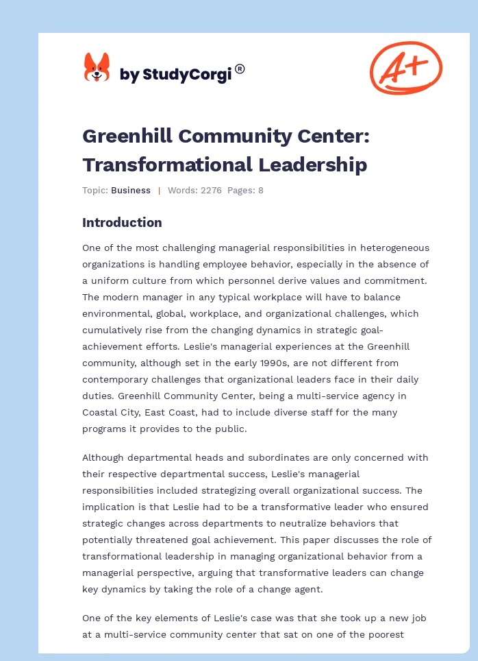 Greenhill Community Center: Transformational Leadership. Page 1