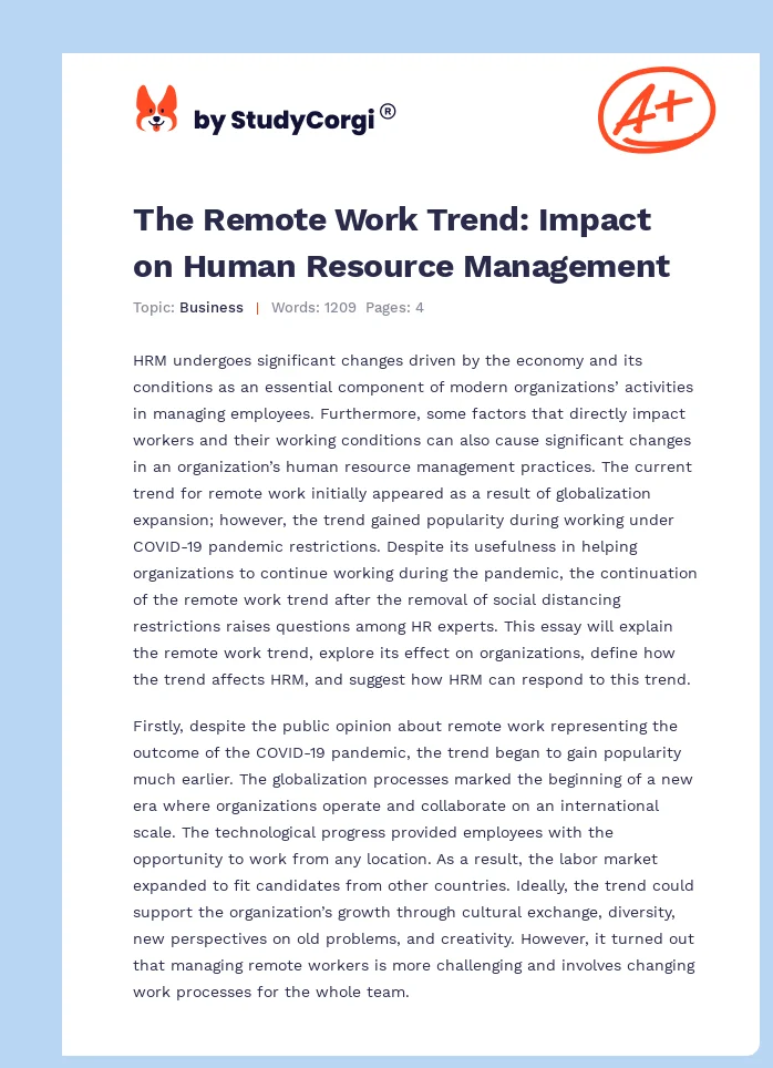 The Remote Work Trend: Impact on Human Resource Management. Page 1