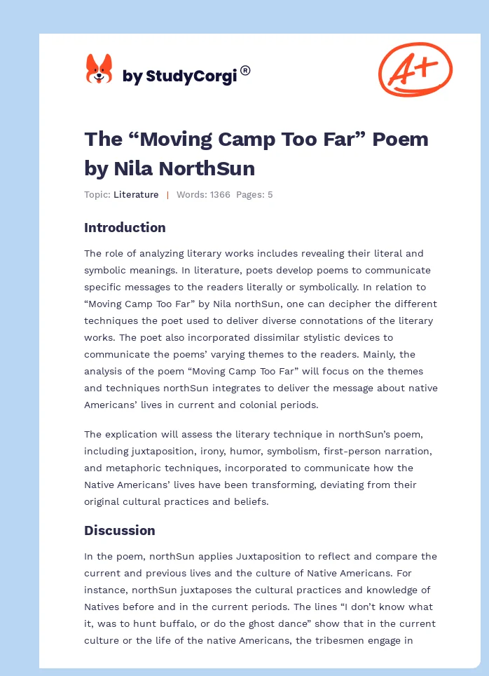 The “Moving Camp Too Far” Poem by Nila NorthSun. Page 1