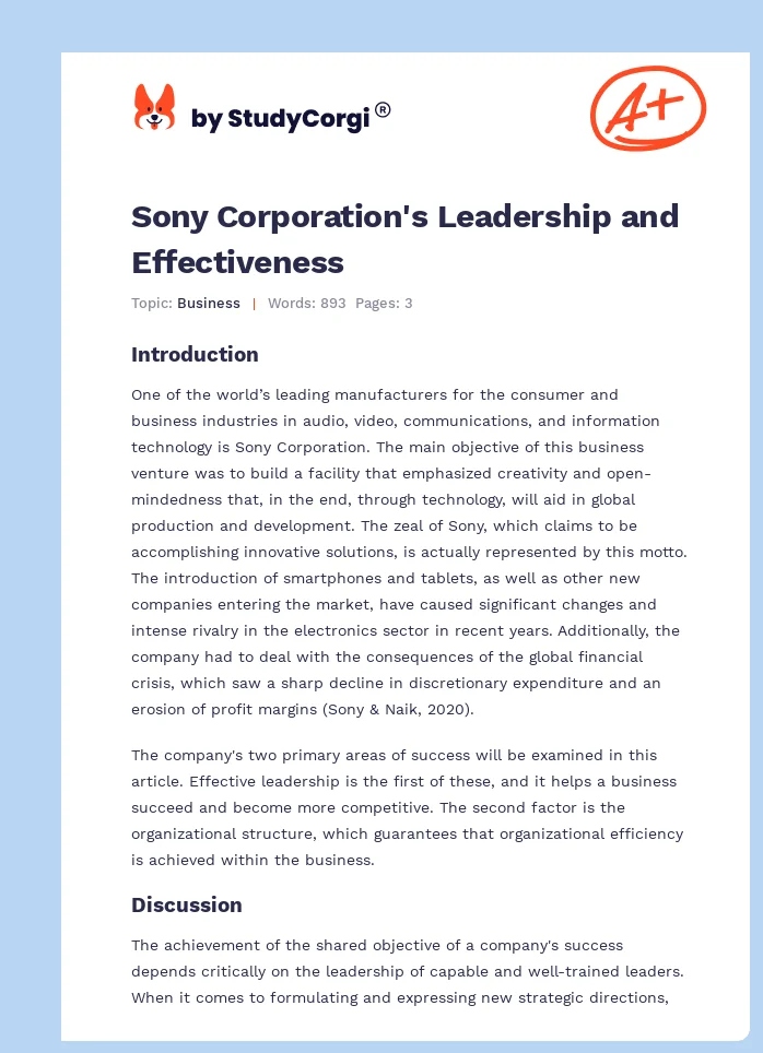 Sony Corporation's Leadership and Effectiveness. Page 1