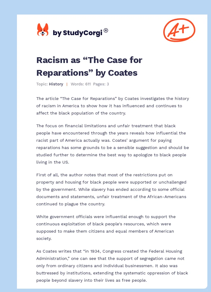 Racism as “The Case for Reparations” by Coates. Page 1
