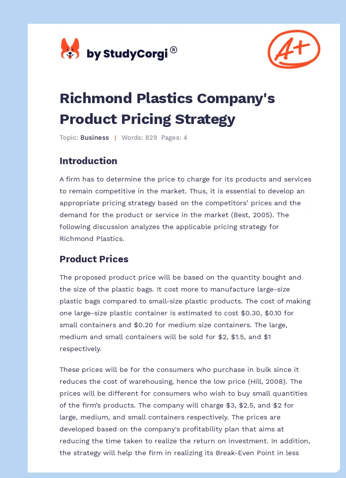 Richmond Plastics Company's Product Pricing Strategy. Page 1