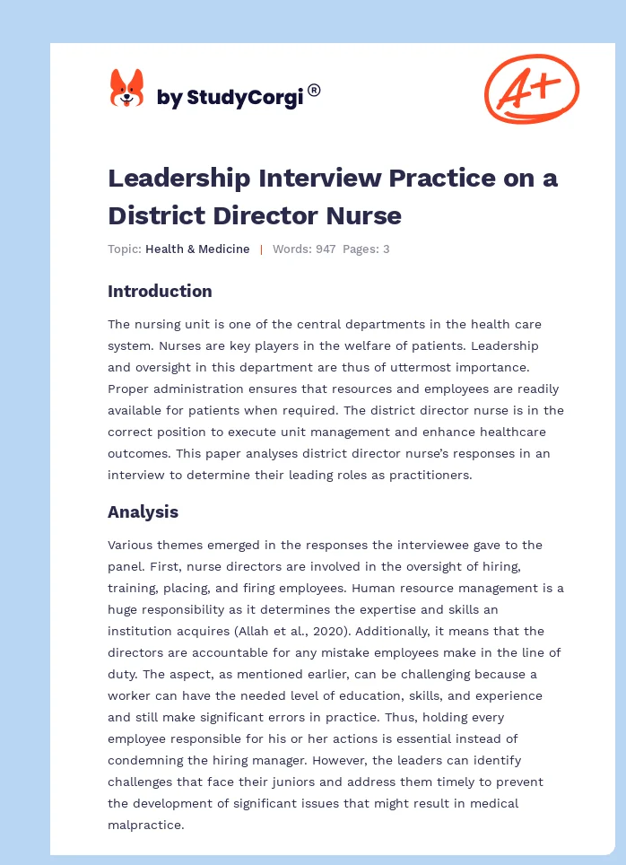 Leadership Interview Practice on a District Director Nurse. Page 1