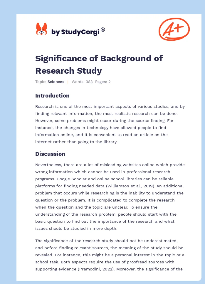 Significance of Background of Research Study. Page 1