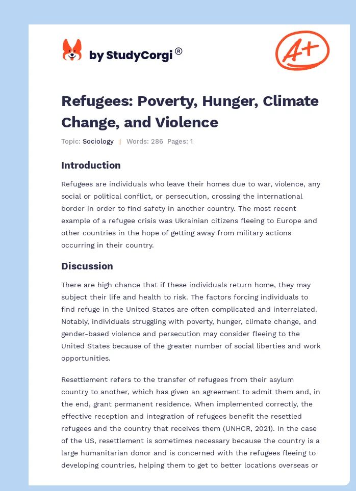 Refugees: Poverty, Hunger, Climate Change, and Violence. Page 1