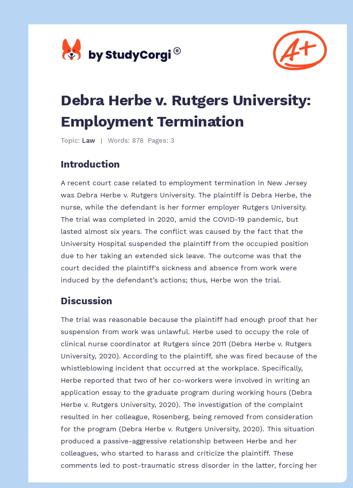 Debra Herbe v. Rutgers University: Employment Termination. Page 1