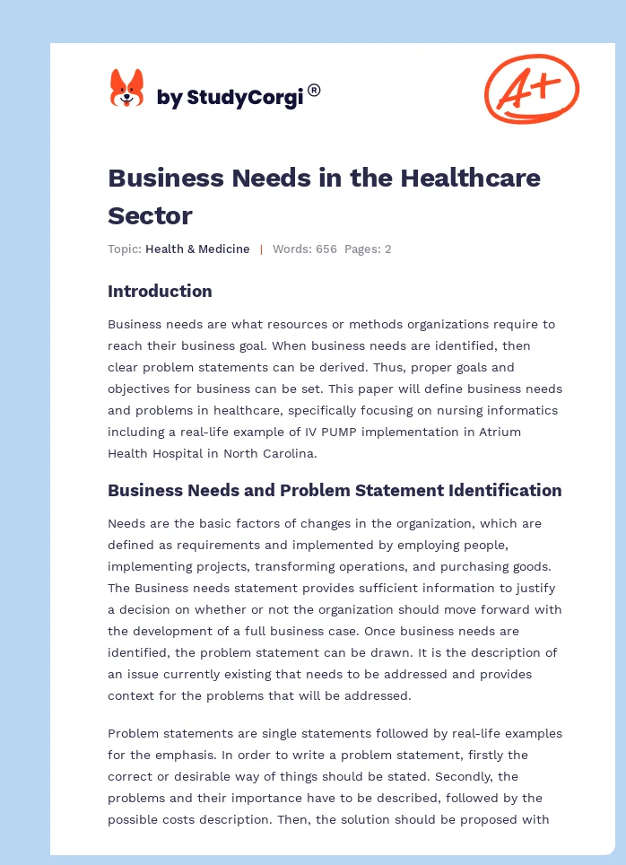 Business Needs in the Healthcare Sector. Page 1