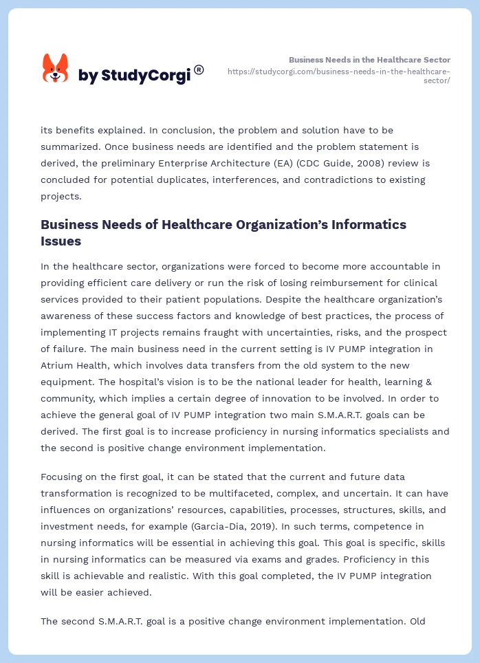 Business Needs in the Healthcare Sector. Page 2