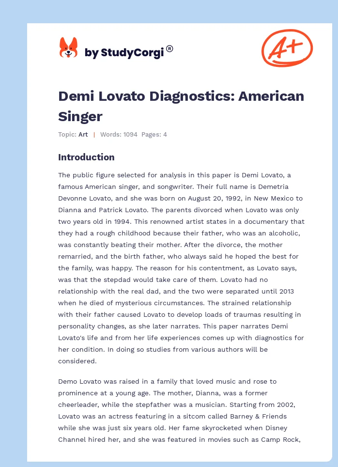 Demi Lovato Diagnostics: American Singer. Page 1
