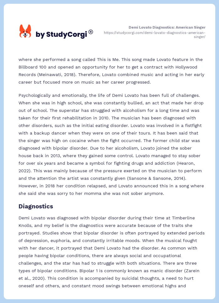 Demi Lovato Diagnostics: American Singer. Page 2