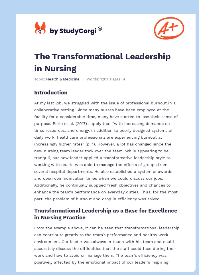 The Transformational Leadership in Nursing. Page 1
