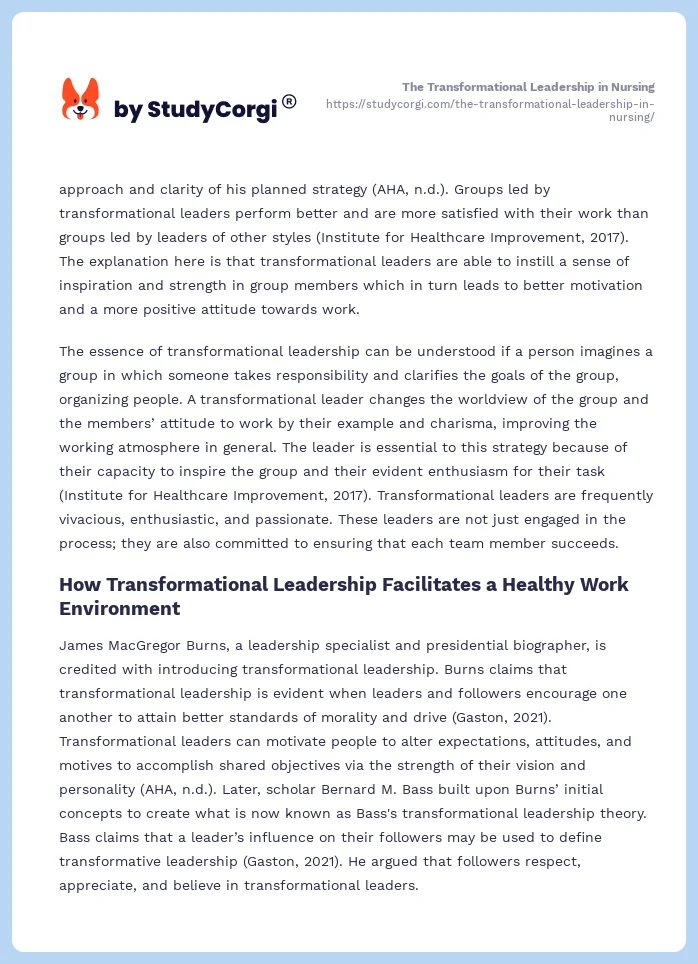 The Transformational Leadership in Nursing. Page 2