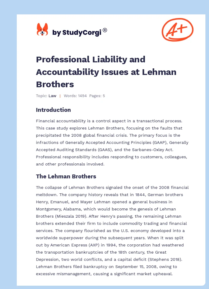 Professional Liability and Accountability Issues at Lehman Brothers. Page 1