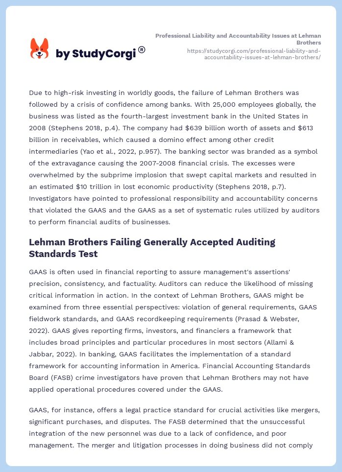 Professional Liability and Accountability Issues at Lehman Brothers. Page 2