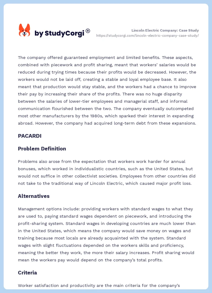 Lincoln Electric Company: Case Study. Page 2
