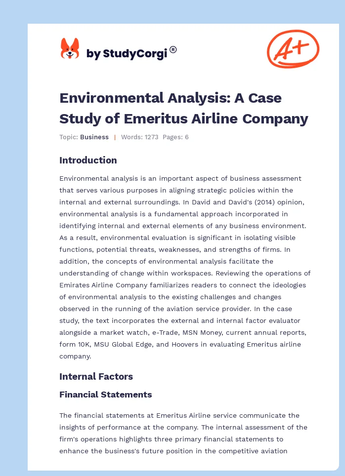 Environmental Analysis: A Case Study of Emeritus Airline Company. Page 1