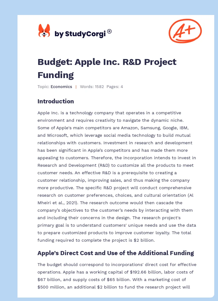 Budget: Apple Inc. R&D Project Funding. Page 1