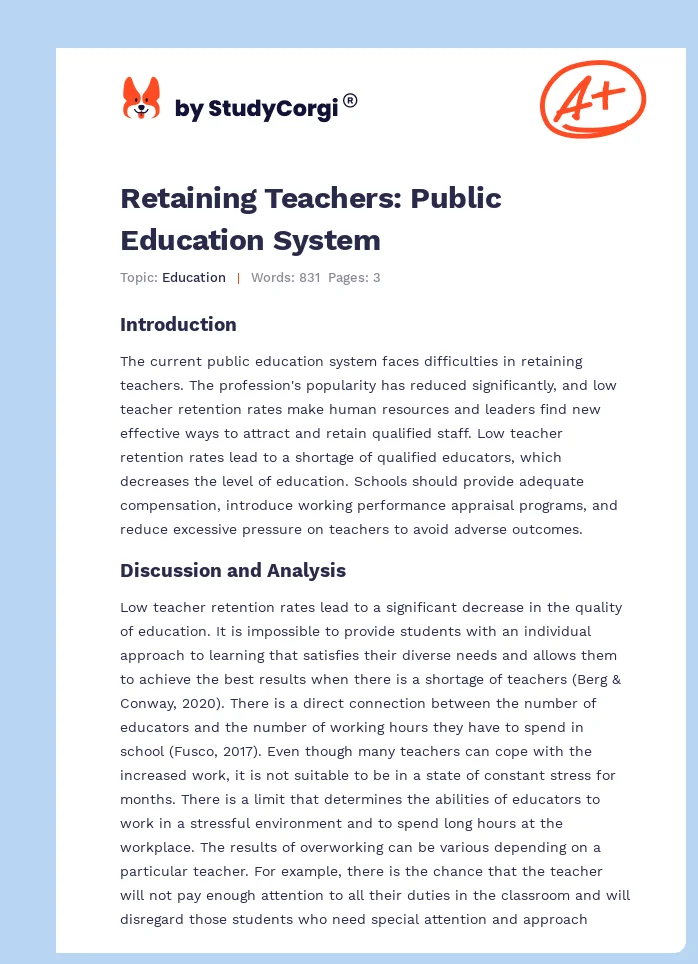 Retaining Teachers: Public Education System. Page 1
