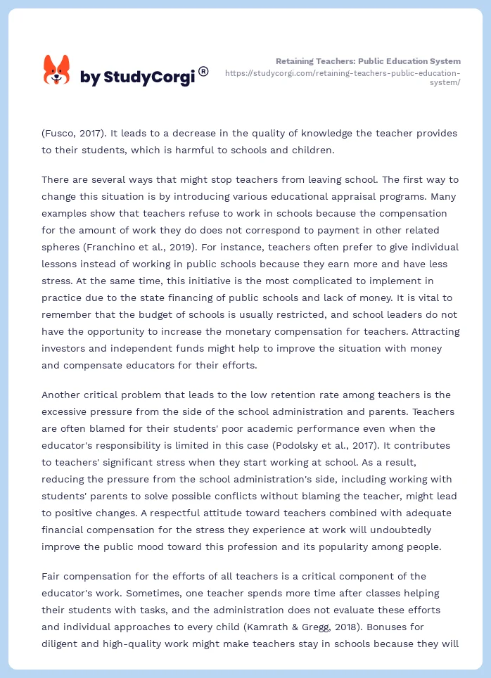 Retaining Teachers: Public Education System. Page 2